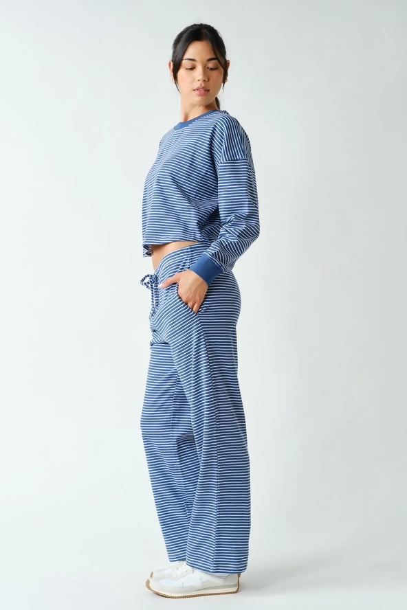 Mono B: Women's Coastal Striped Top & Pant Set- Ocean/White Color