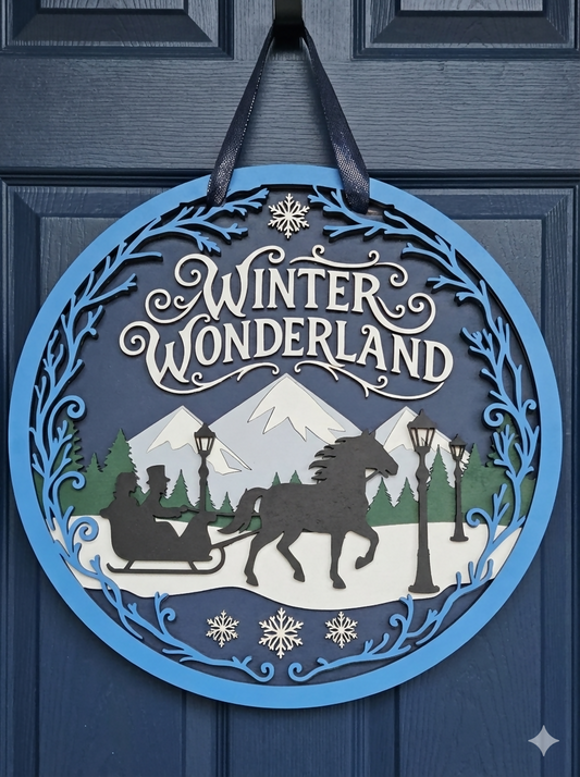 Winter Wonderland Door Hanger – Elegant Winter Scene Front Door Sign