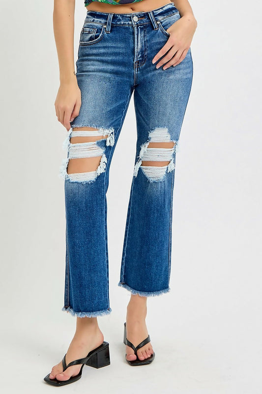 Risen: MID RISE CROP DISTRESSED FLARE JEANS