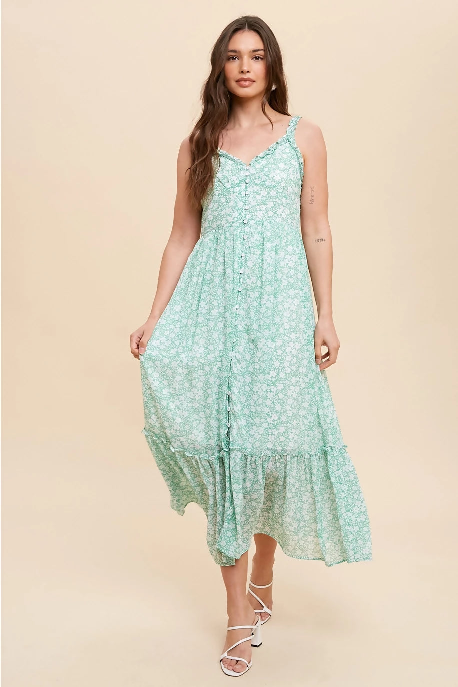Ruffled Strap Button Down Floral Dress- Kelly Green