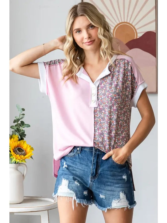 Floral Half Panel Detail Button Front Short Sleeve Top- Blush
