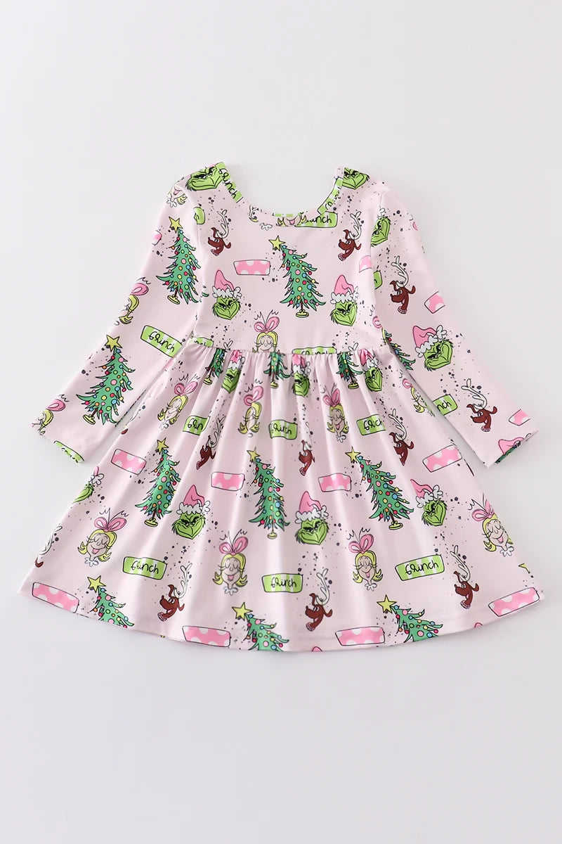 pink christmas tree grinch print dress